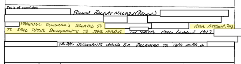 Excerpt from the FBI file for music legend Prince involving the attempted sale of some kind of documents related to his baby in 1996 (FBI/FOIA)